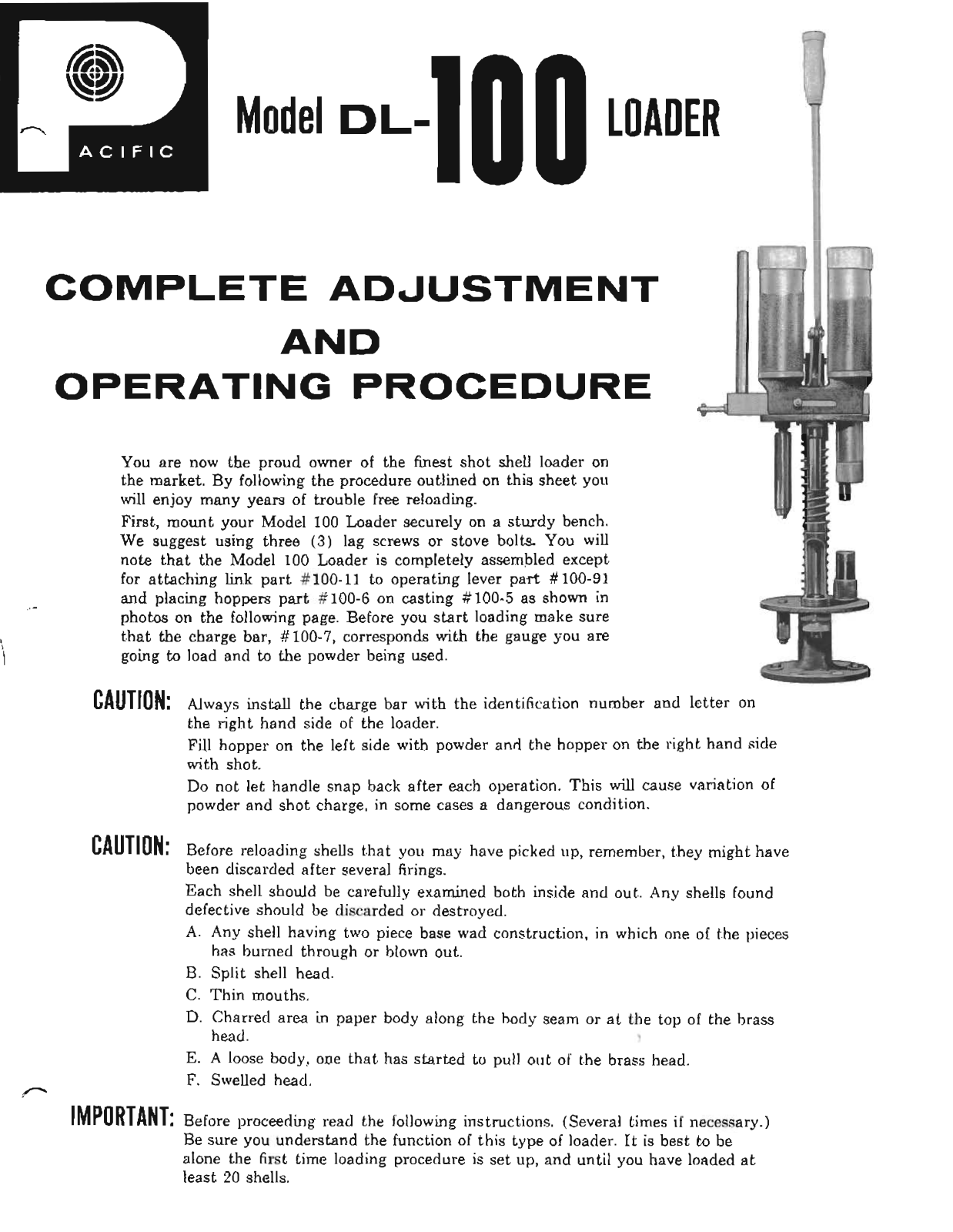 Pacific DL-100 Operating Instructions