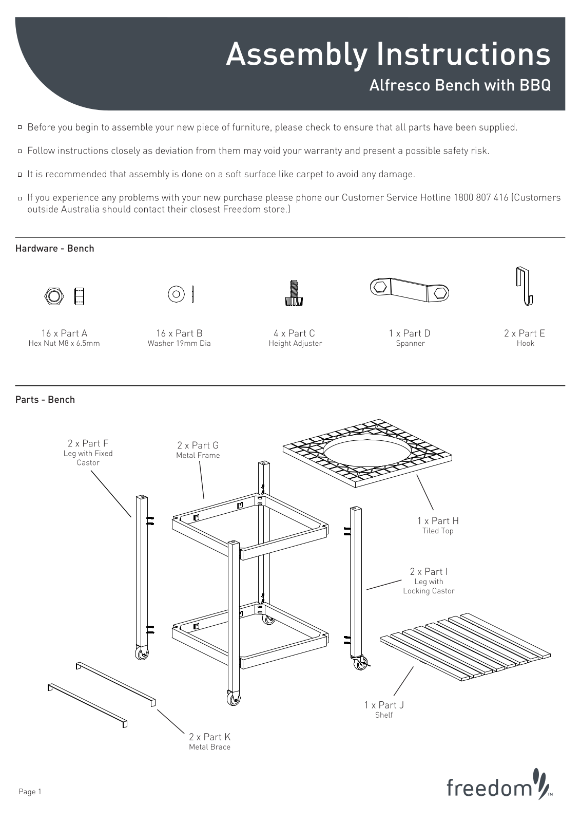 Freedom Alfresco Bench with BBQ Assembly Instruction