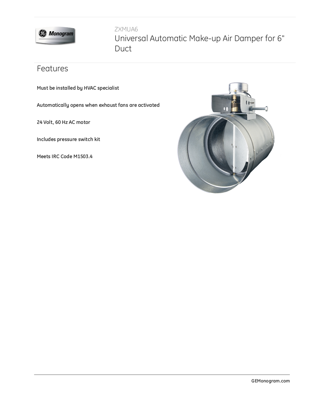 Monogram ZXMUA6 Specifications