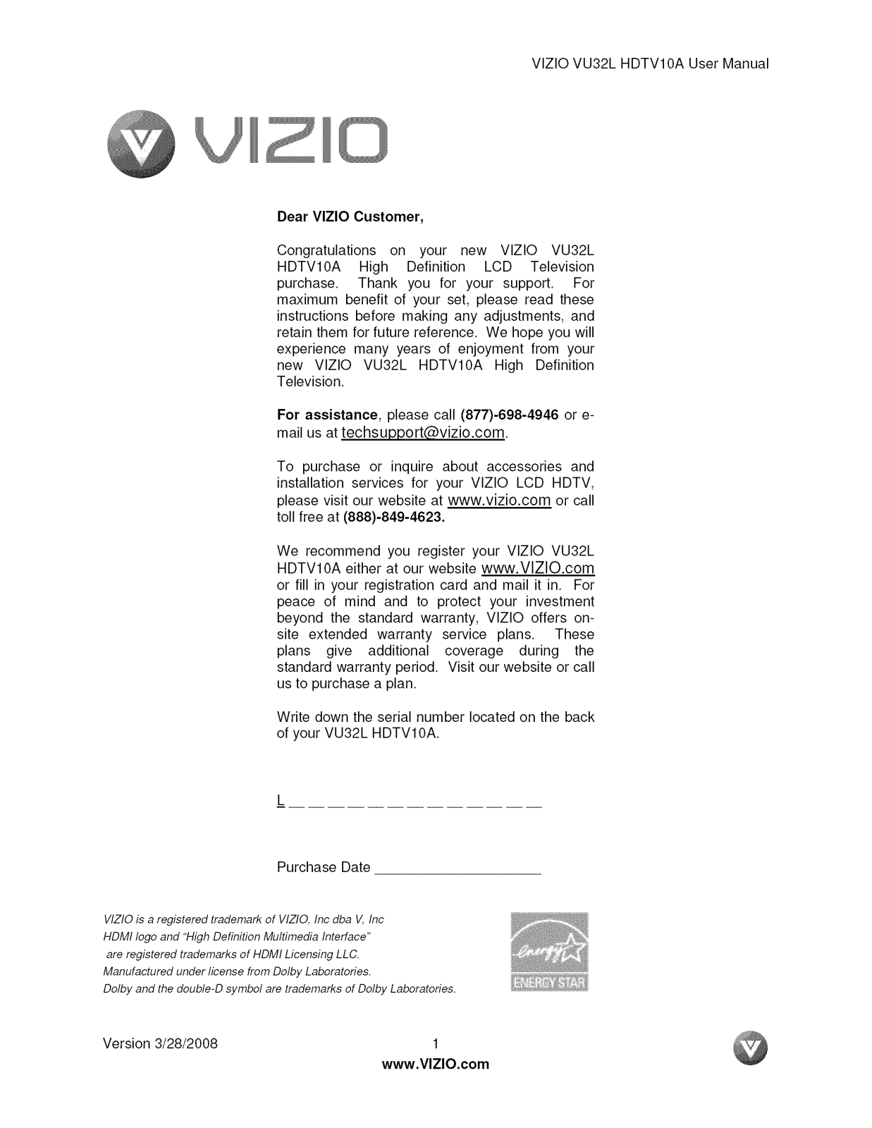 Vizio VU32LHDTV10A Owner’s Manual
