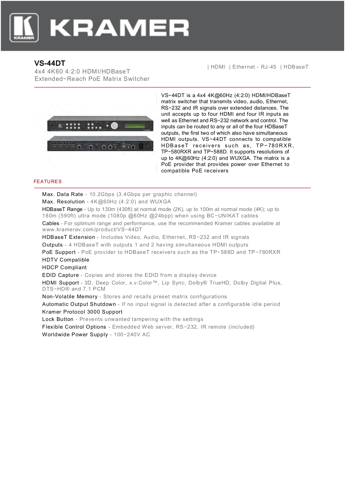 Kramer VS-44DT Quick Start Manual