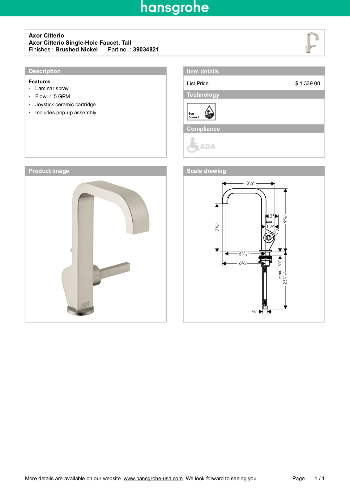 Hansgrohe 39034821 Specs