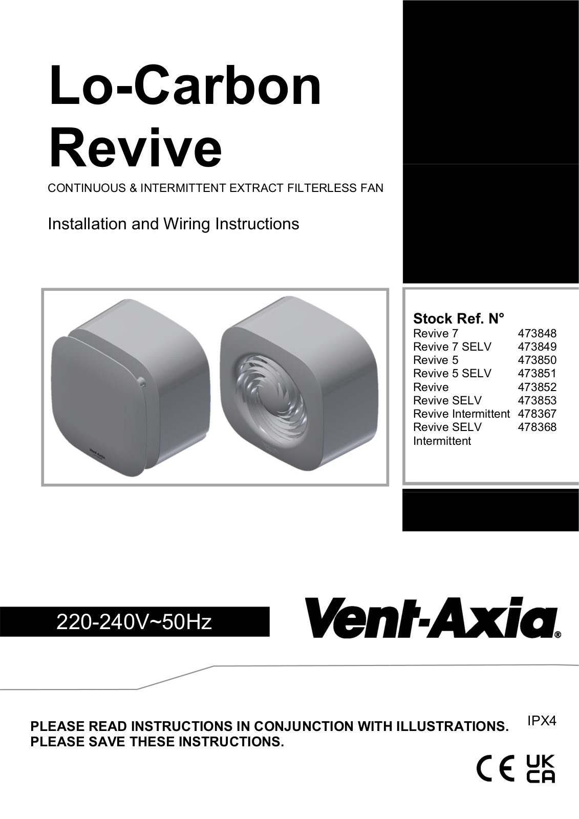Vent-Axia Revive 7, 473848, Revive 7 SELV, 473849, Revive 5 Installation Instructions - ManualMachine.com
