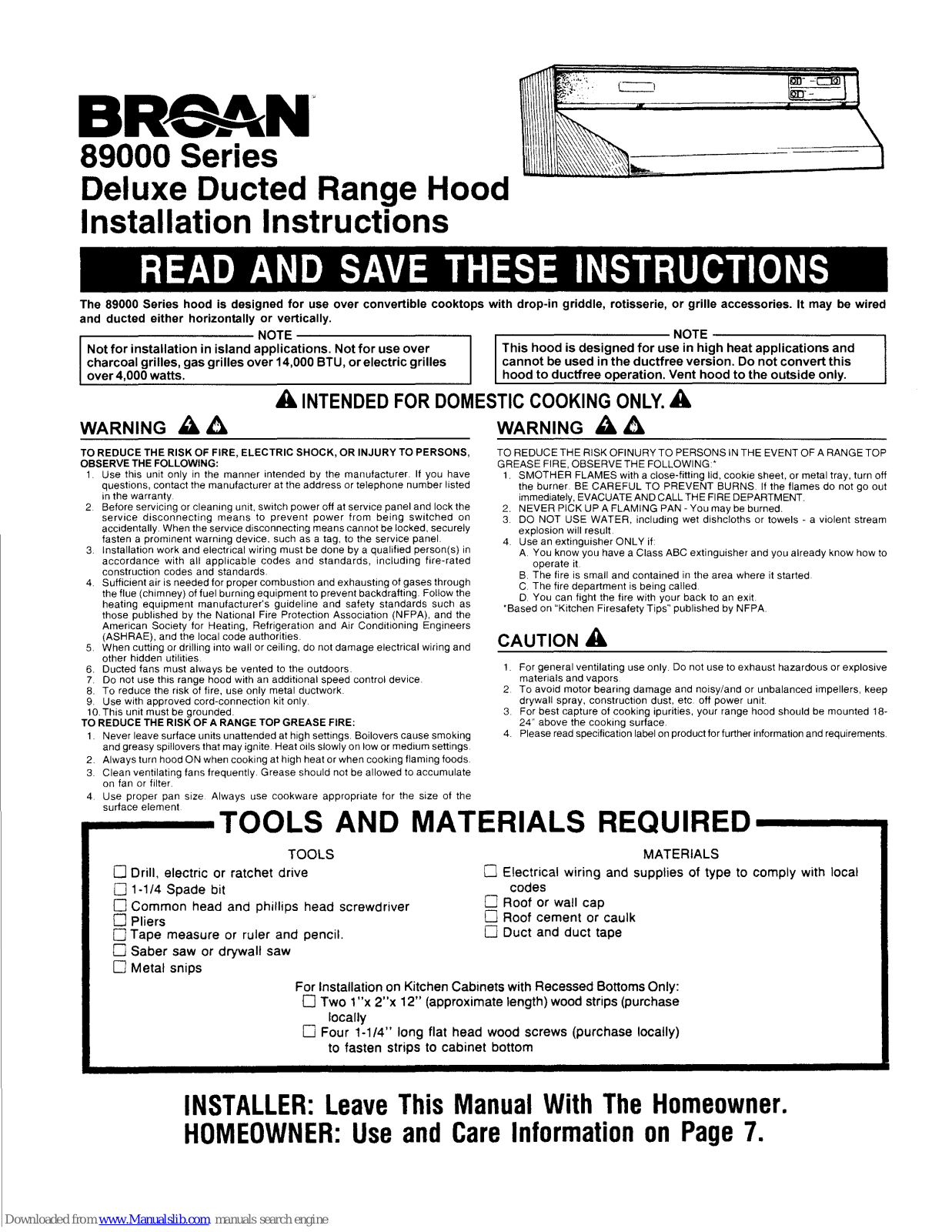 Broan 893004 series Installation Instructions Manual