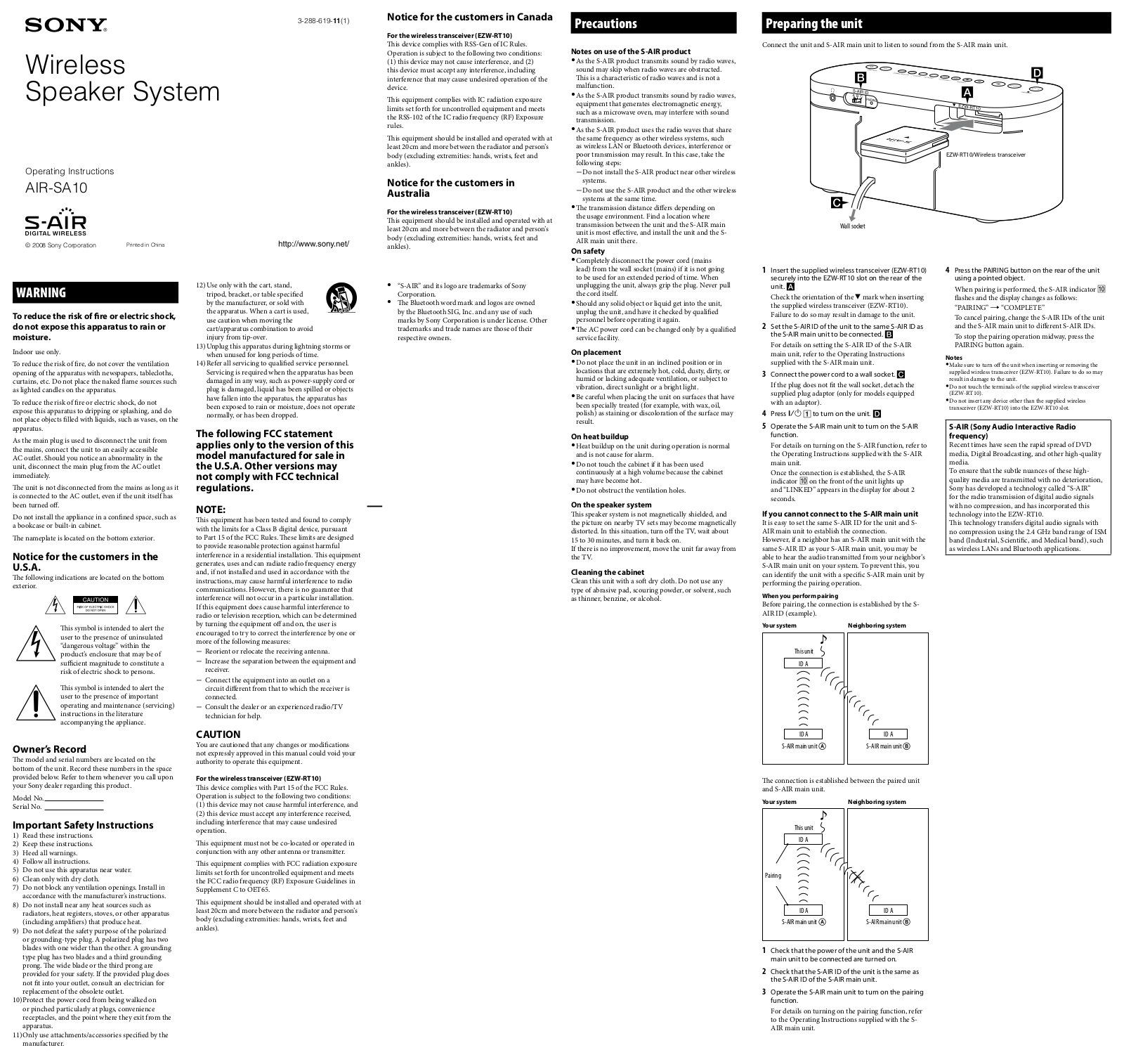 Sony AIRSA10 User Manual