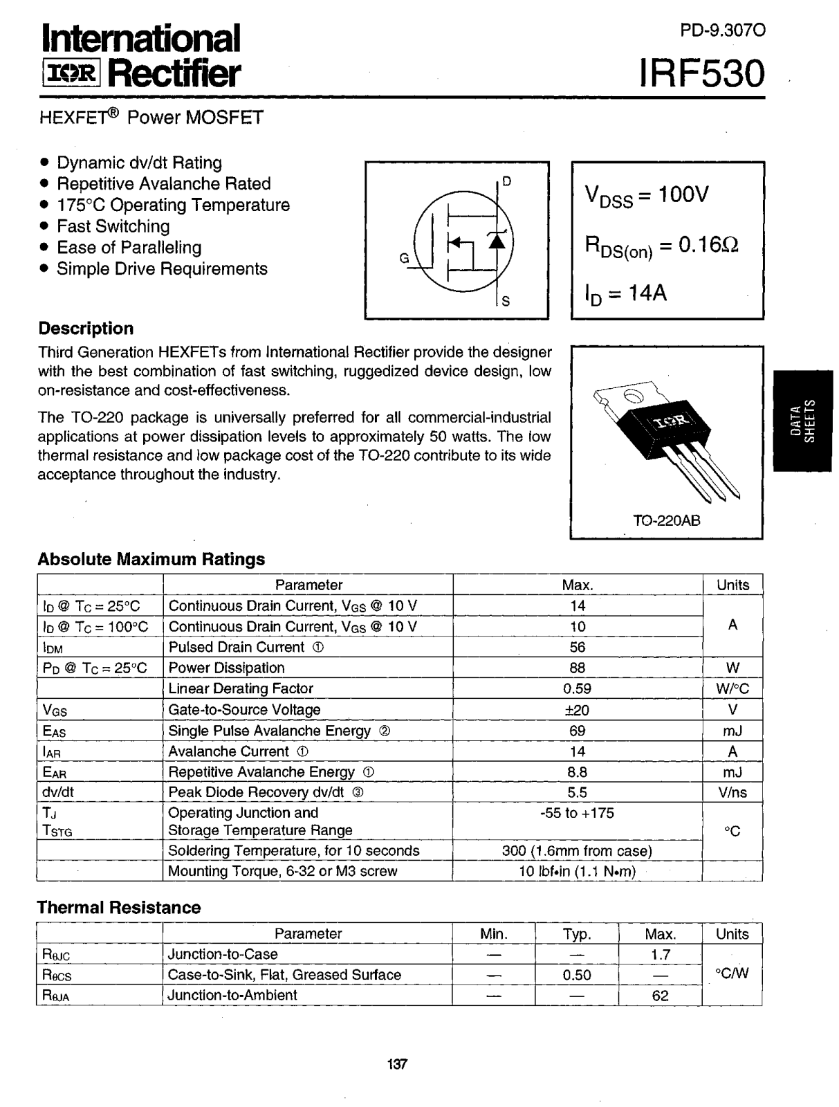 International Rectifier IRF530 Datasheet