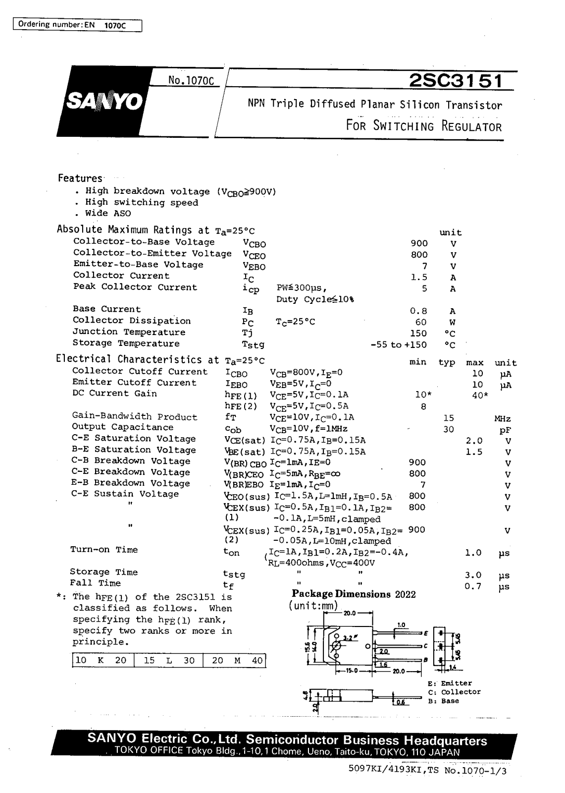 SANYO 2SC3151 Datasheet