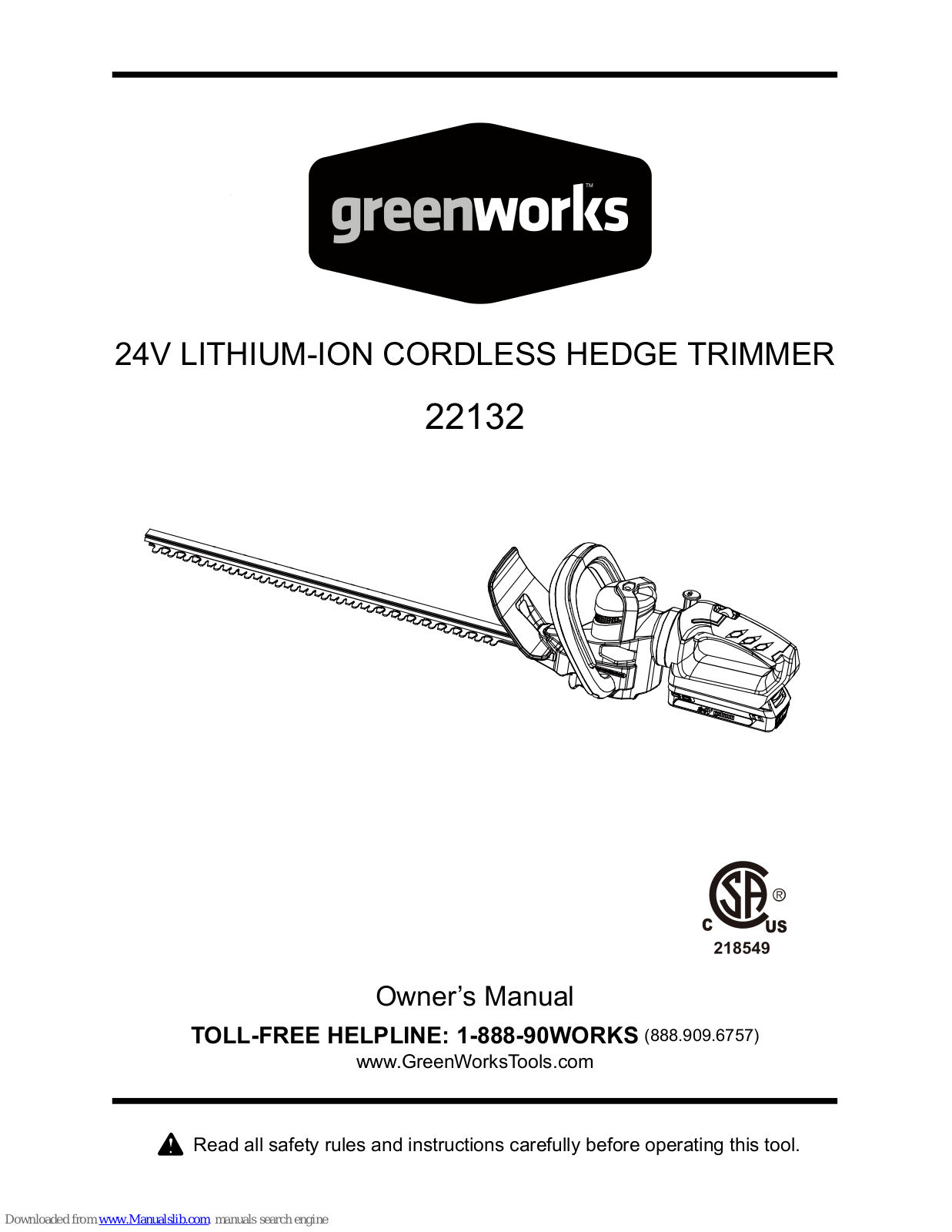 GreenWorks 22132, 22262 Owner's Manual