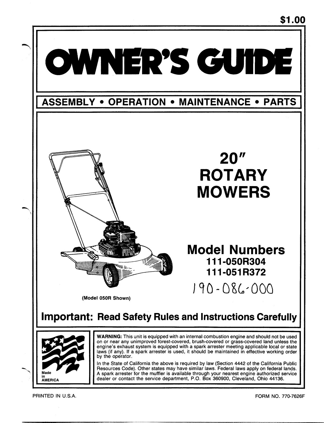 Bolens 111-050R304, 190-086-000 User Manual