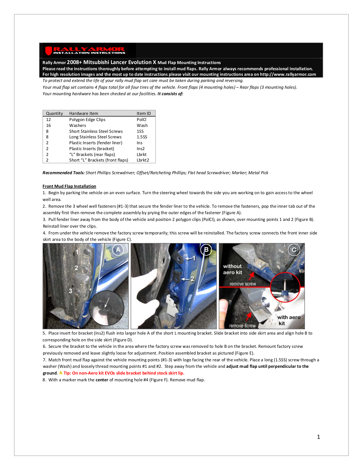 Rally Armor 08-13 Mitsubishi EVO X User Manual