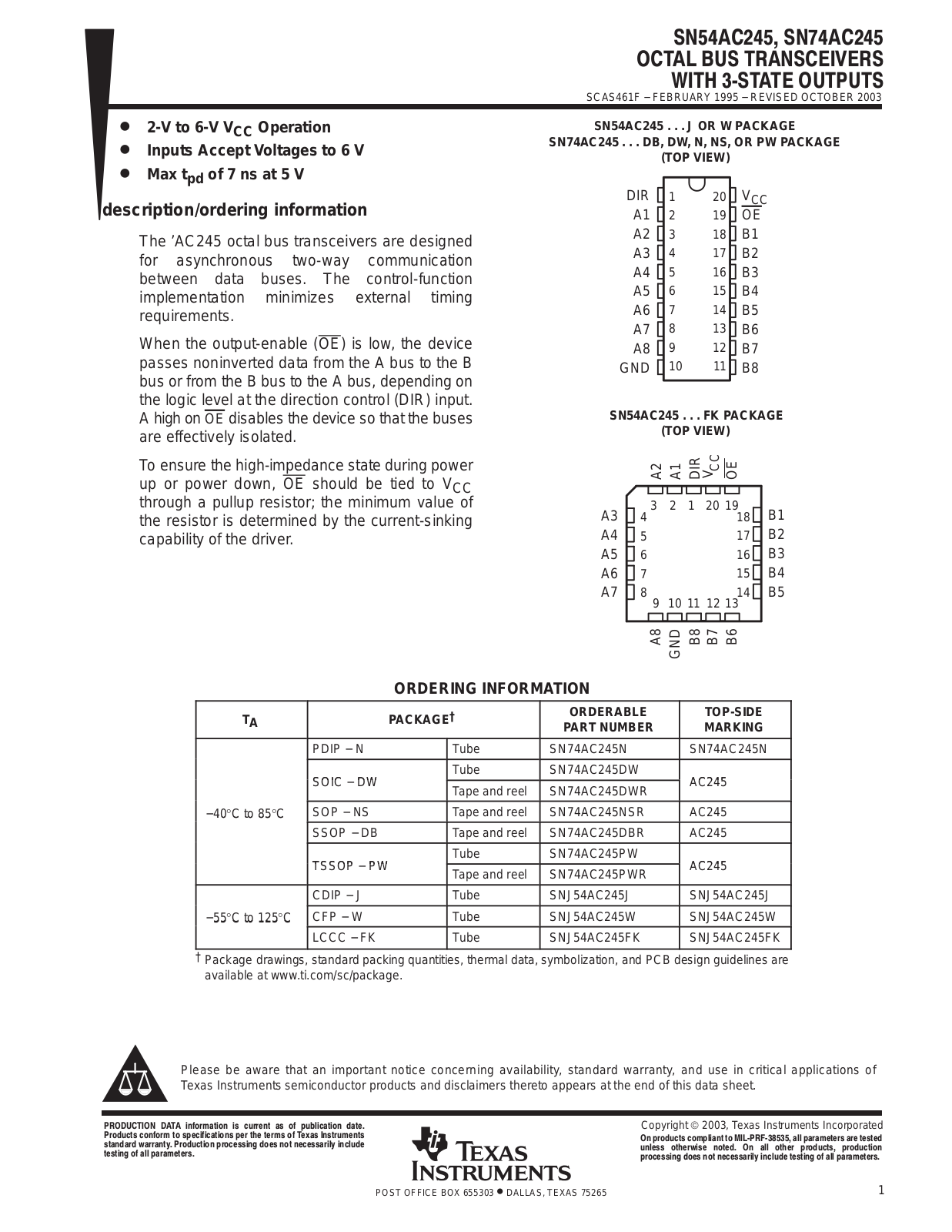 TEXAS INSTRUMENTS SN54AC245 Technical data