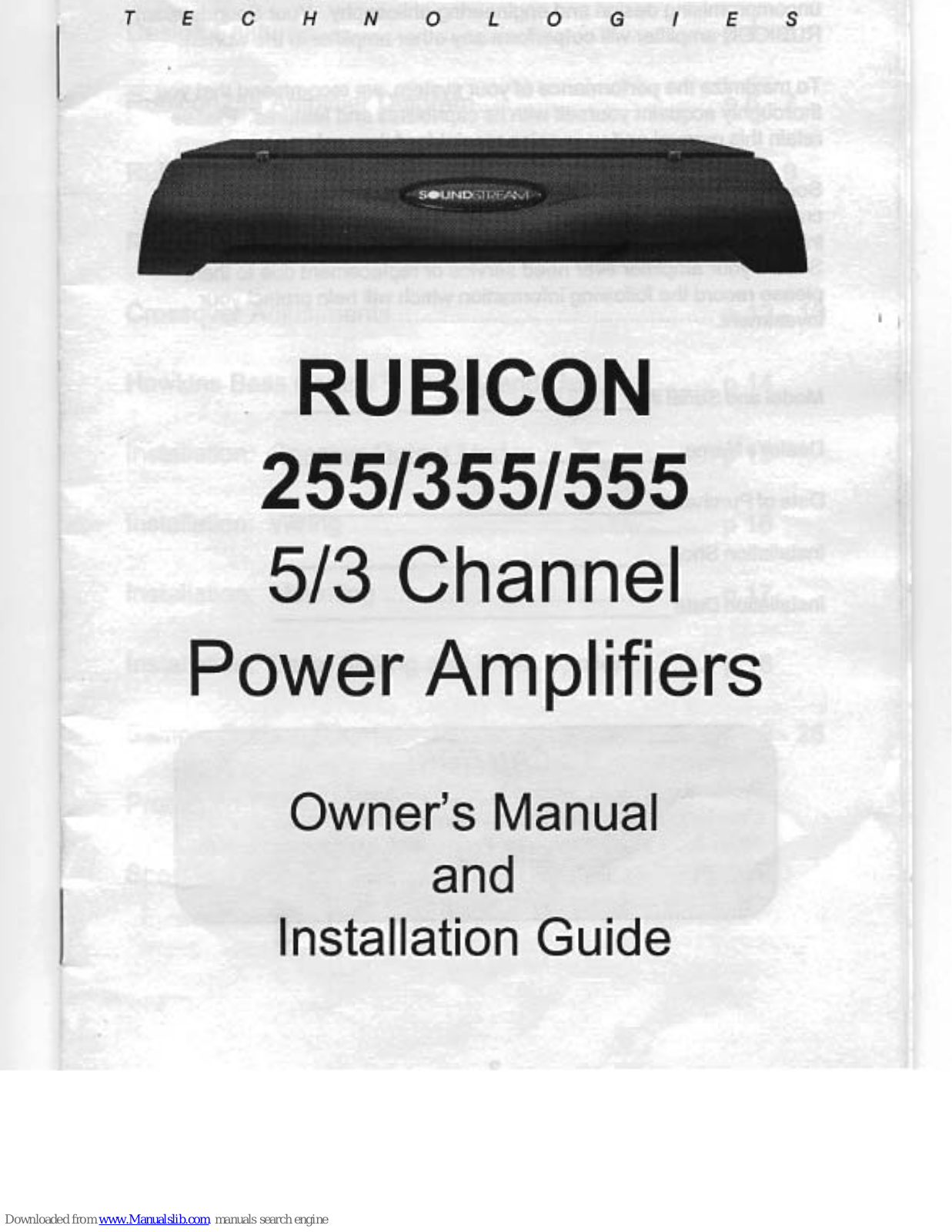 Soundstream Rubicon 255, Rubicon 355, Rubicon 555 Owner's Manual And Installation Manual