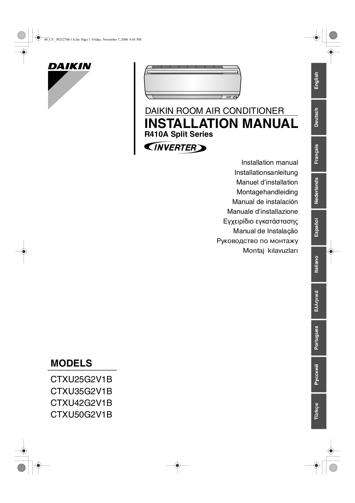 Daikin CTXU25G2V1B, CTXU35G2V1B, CTXU42G2V1B, CTXU50G2V1B Installation manuals