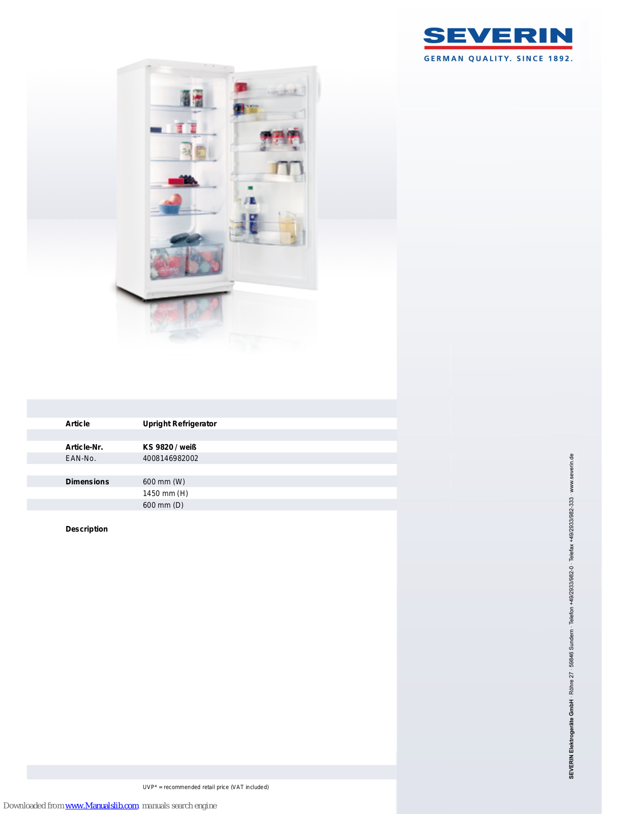 SEVERIN HOCHKÜ, HLSCHRANK KS 9820, KS 9820 Dimensions