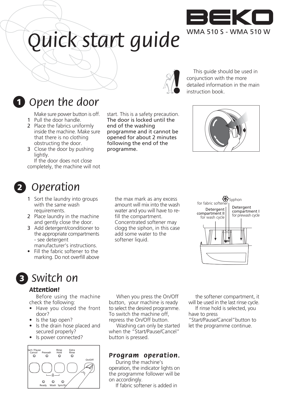 Beko WMA510S, WMA510W Quick Start Guide