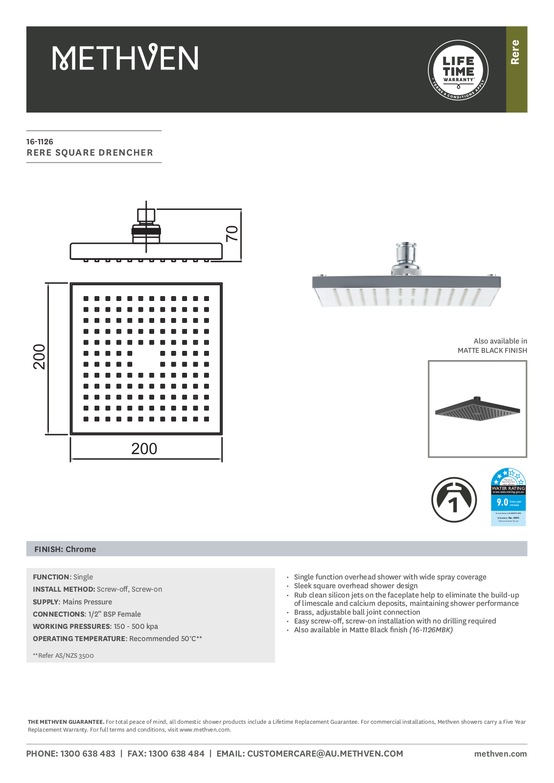 Methven 16-1126 Specifications Sheet