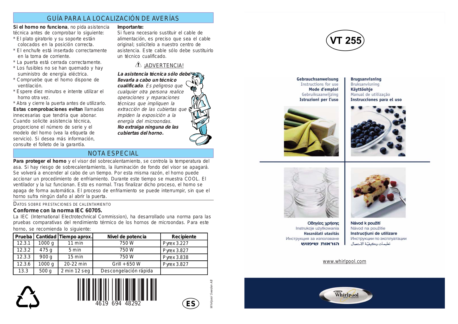 Whirlpool VT 255/WH User Manual