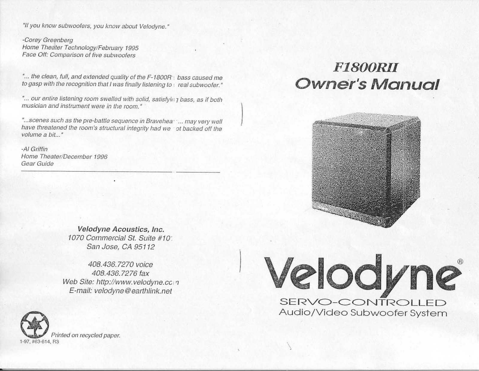 Velodyne Acoustics F-1820 Mk2 Owners manual