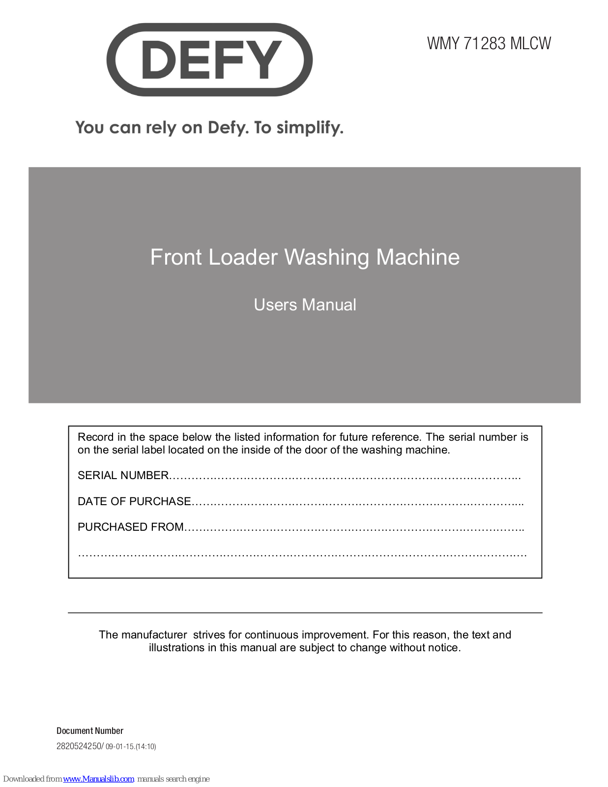 Defy WMY 71283 MLCW User Manual