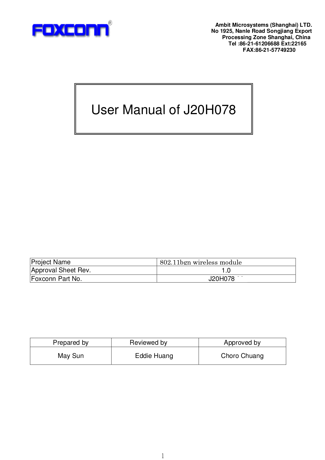 HON HAI PRECISION IND J20H078 User Manual