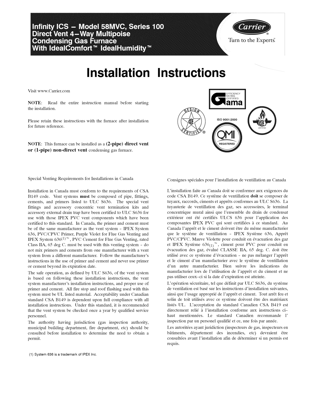 Carrier 58MVC080-F-10114, 58MVC080-F-10120, 58MVC060-F-10114 Installation Guide - ManualMachine.com
