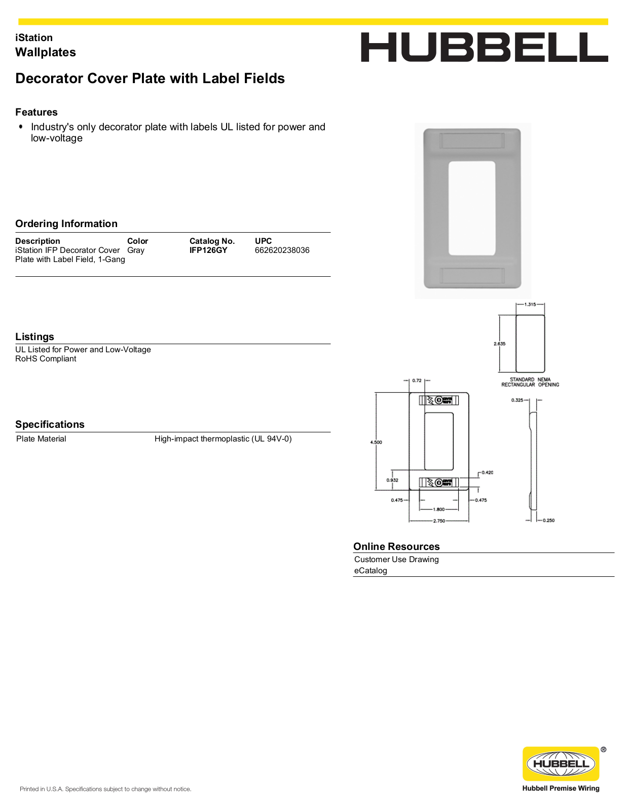 Hubbell IFP126GY Specifications