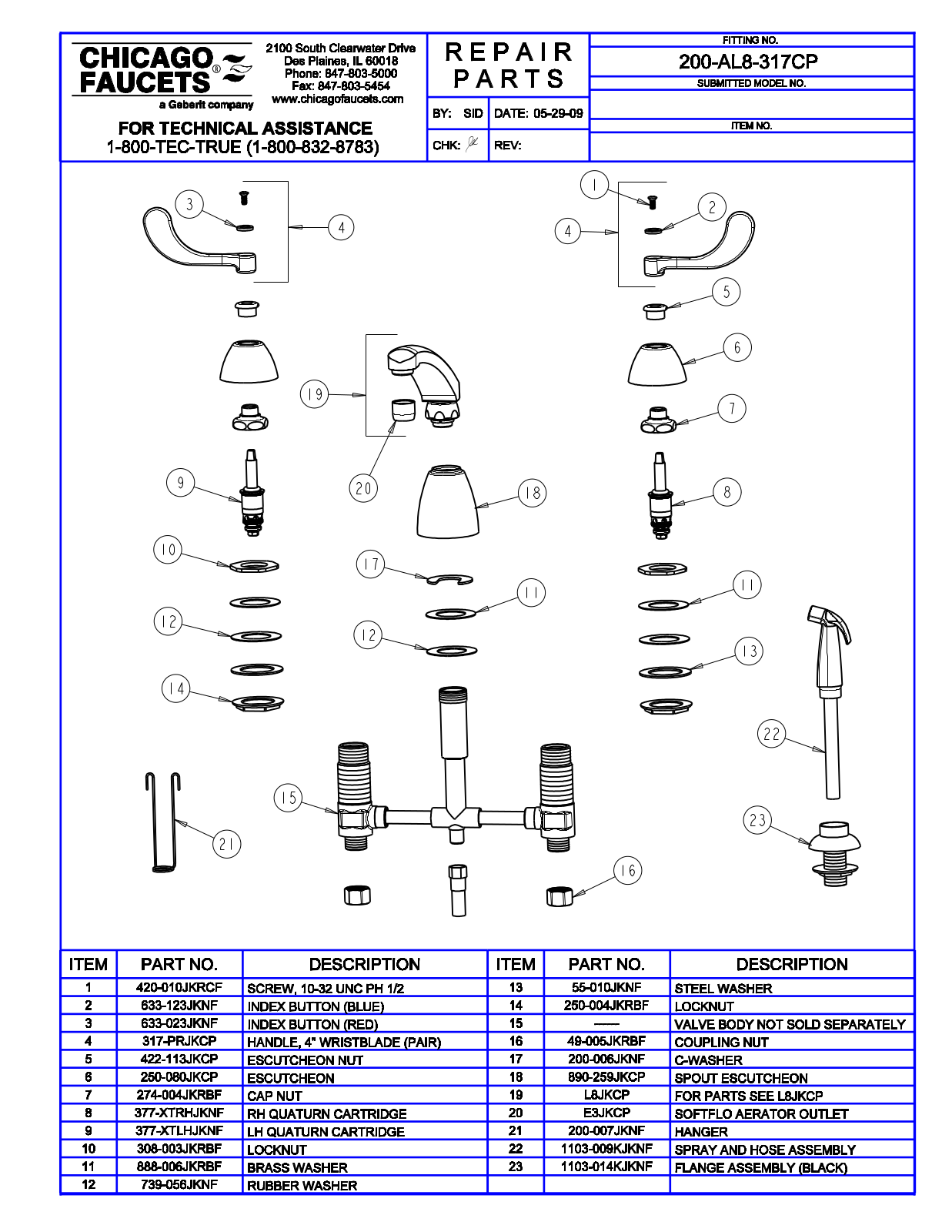 Chicago Faucet 200-AL8-317CP Parts List