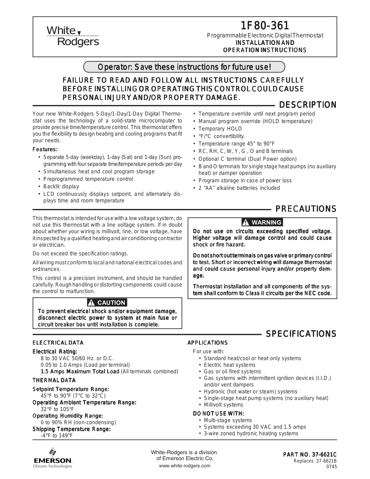 White Rodgers 1F80-361 User Manual