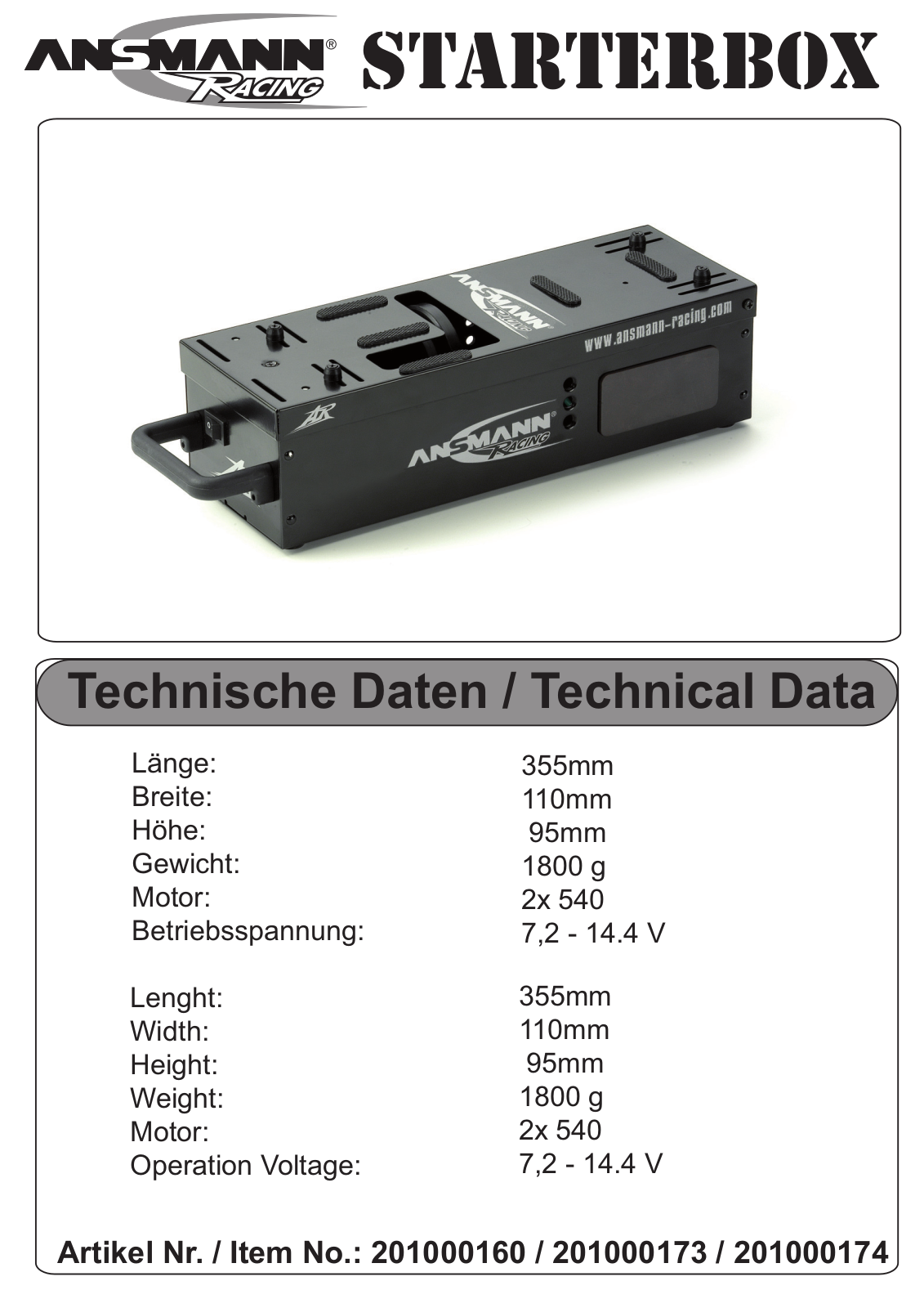 Ansmann Racing 201000160, 201000173, 201000174, Starterbox Technical Data