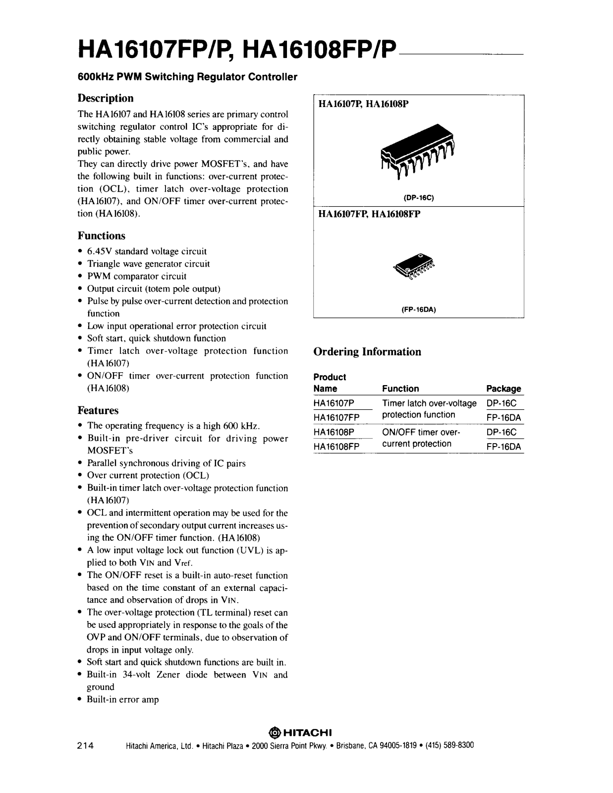 HIT HA16108P, HA16108FP, HA16107P, HA16107FP Datasheet