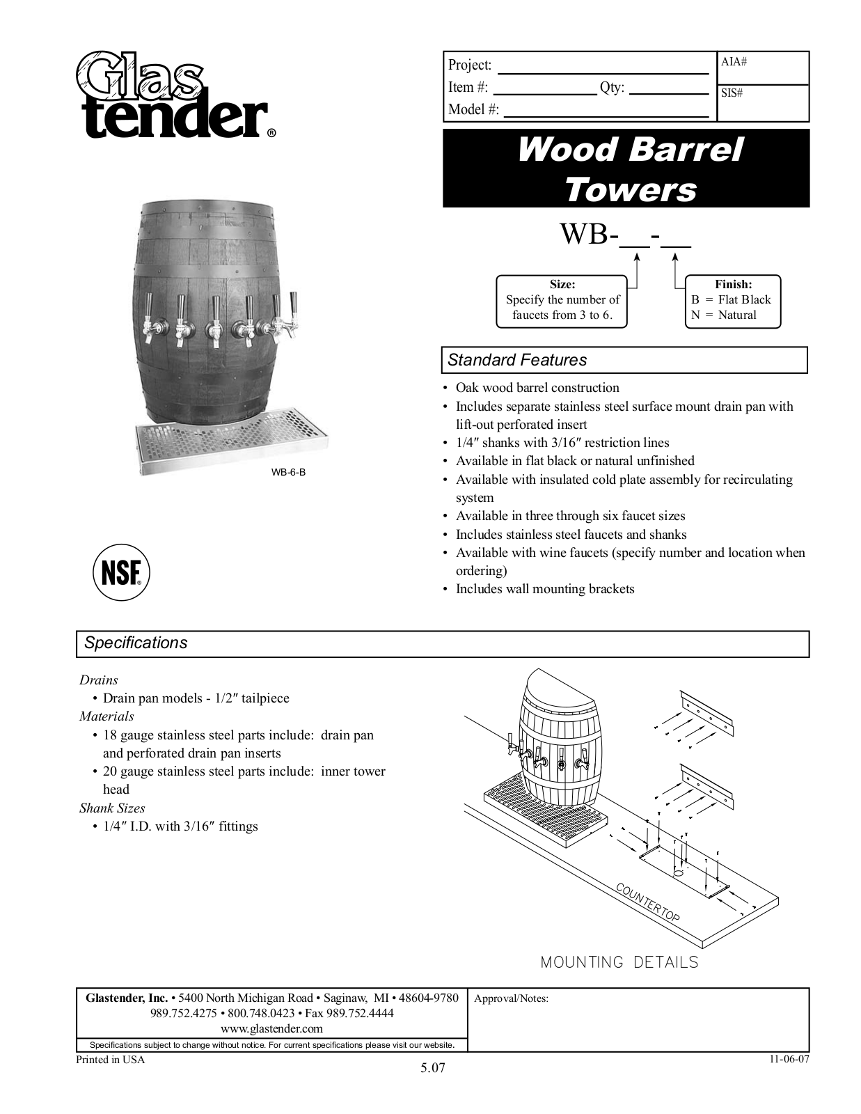 Glastender WB-3B, WB-6N, WB-3N, WB-6B General Manual