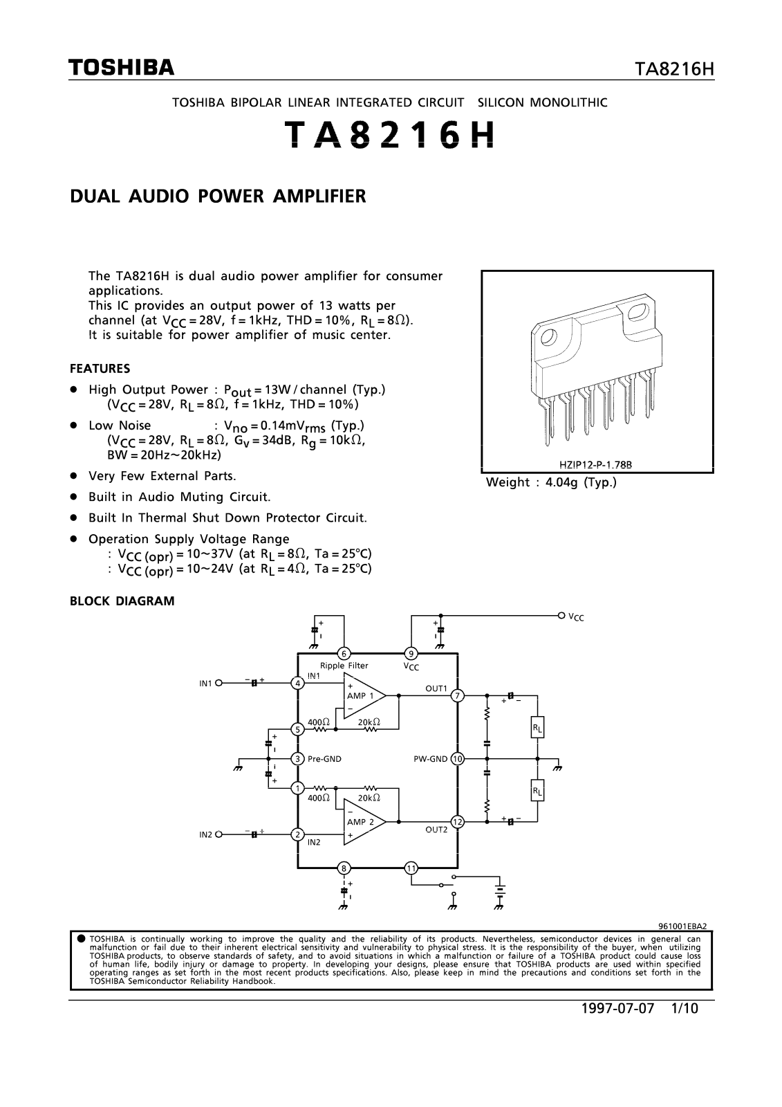 Toshiba TA8216H Datasheet