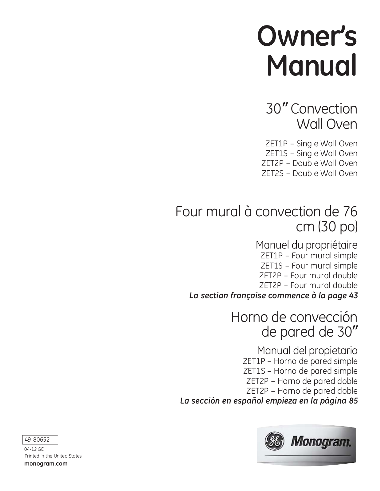 GE Monogram ZET2PMSS, ZET2SMSS, ZET1PMSS, ZET1SMSS Owner's Manual