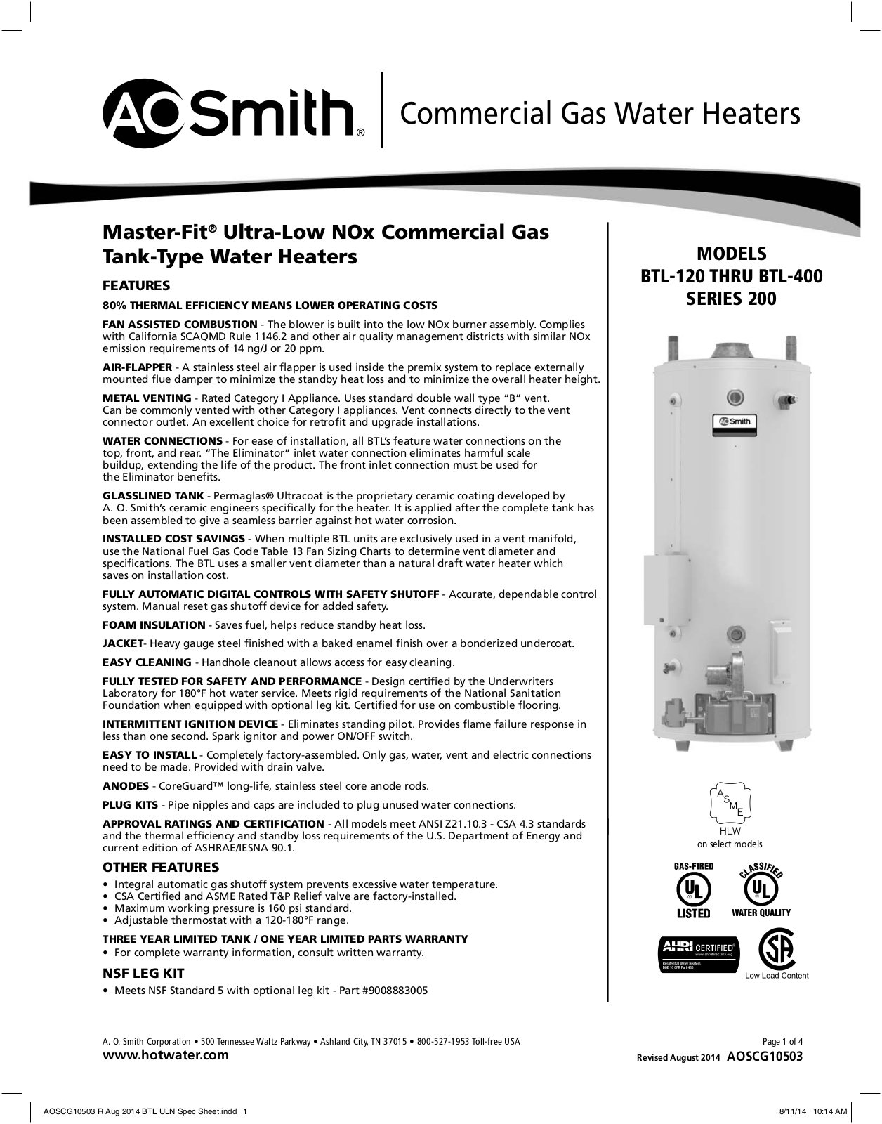 A. O. Smith BTL-198 User Manual