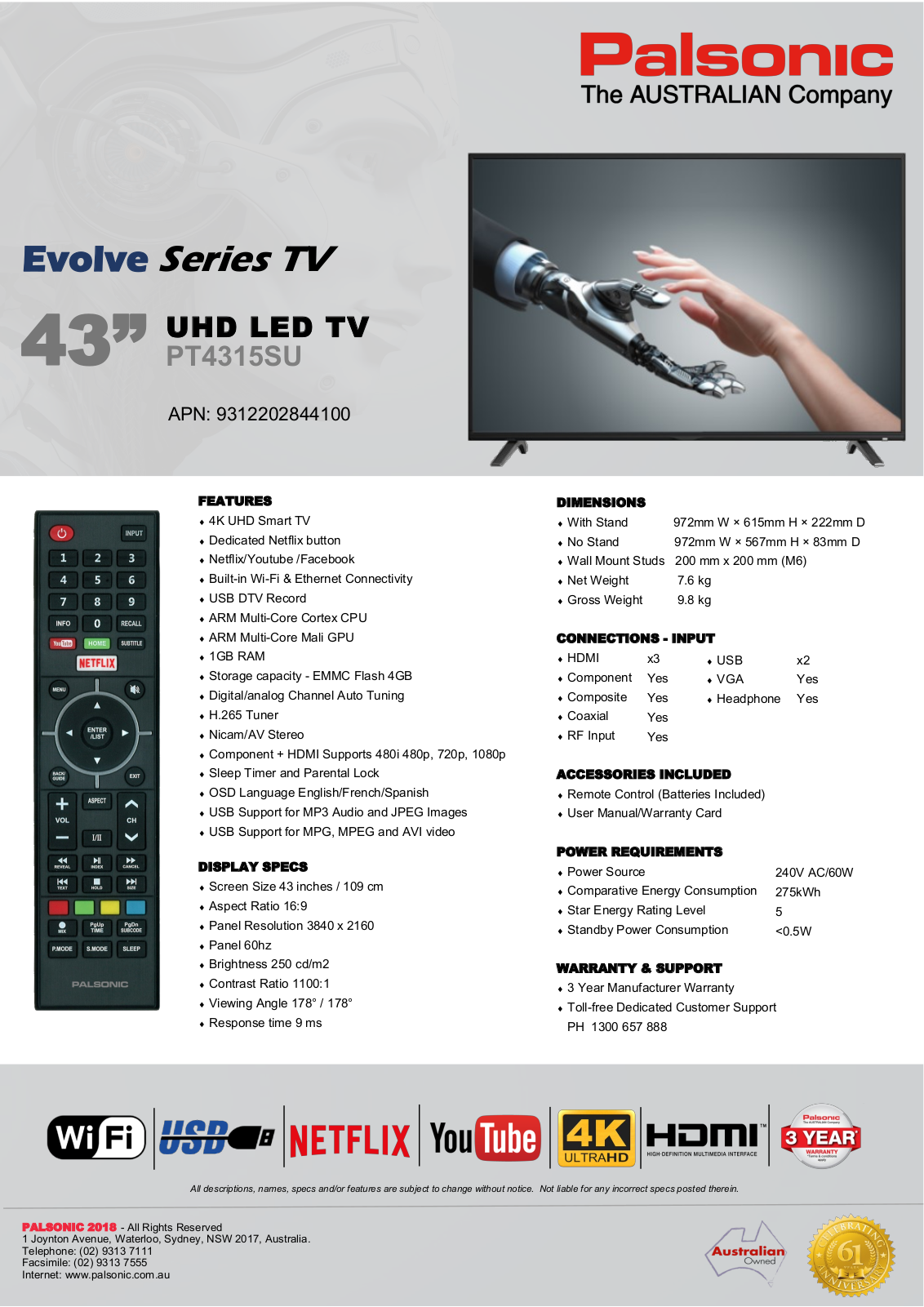 Palsonic PT4315SU Specifications Sheet