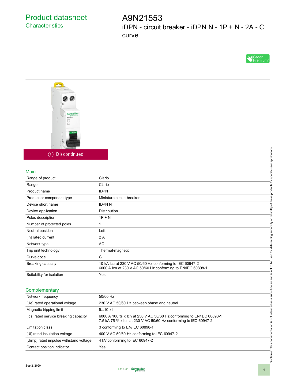 Schneider Electric A9N21553 Technische Daten