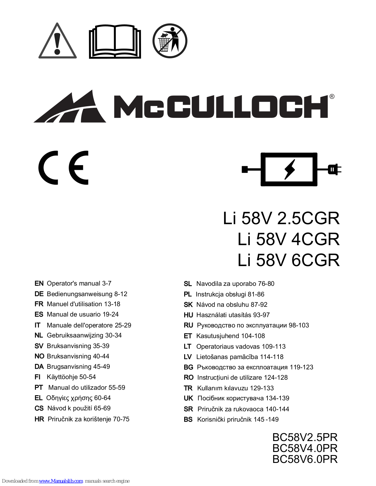 McCulloch Li 58V 2.5CGR, Li 58V 4CGR, Li 58V 6CGR Operator's Manual