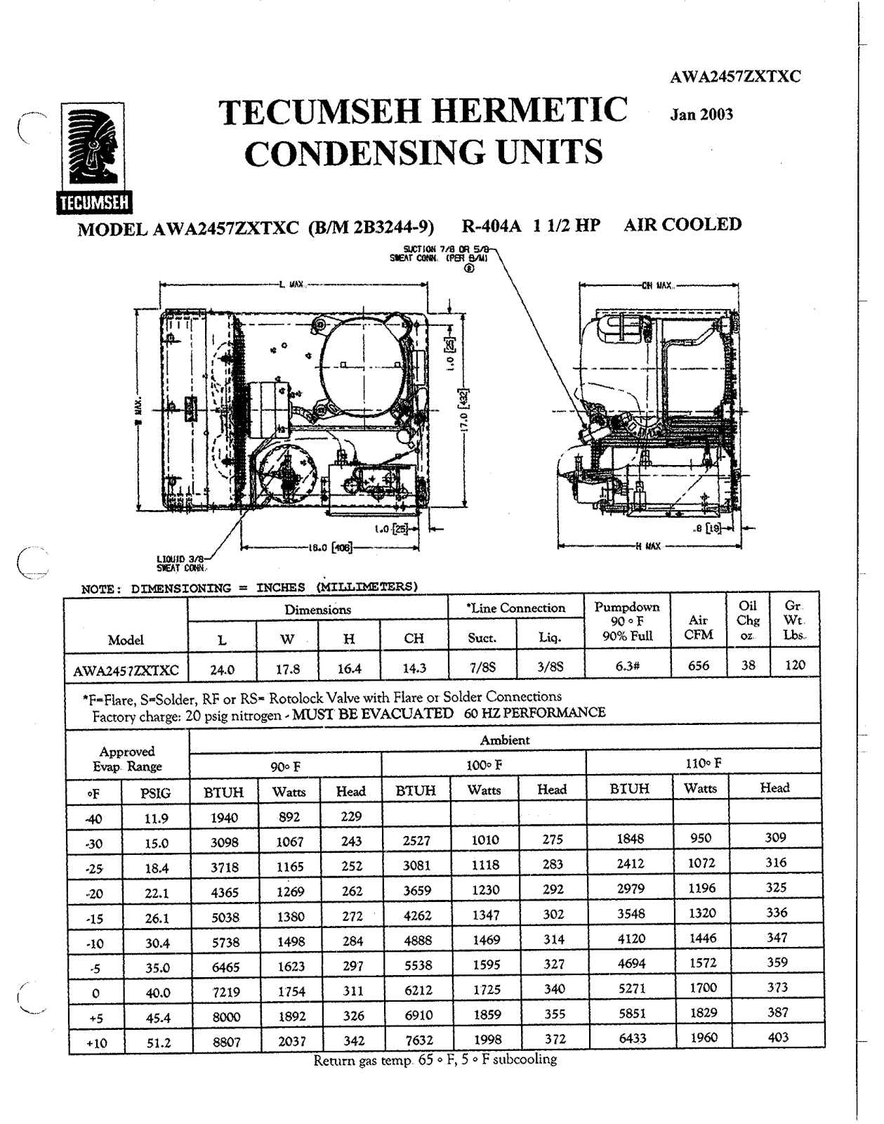 Tecumseh AWA2457ZXTXC Performance Data Sheet