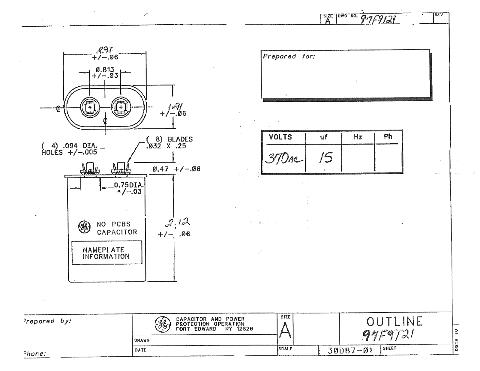 GE Capacitor 97F9121 Dimensional Sheet