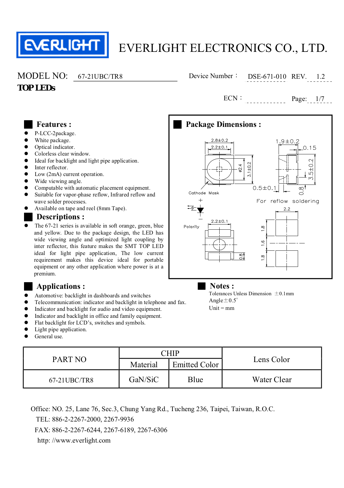 EVERLIGHT EVL 67-21UBC/TR Datasheet - ManualMachine.com