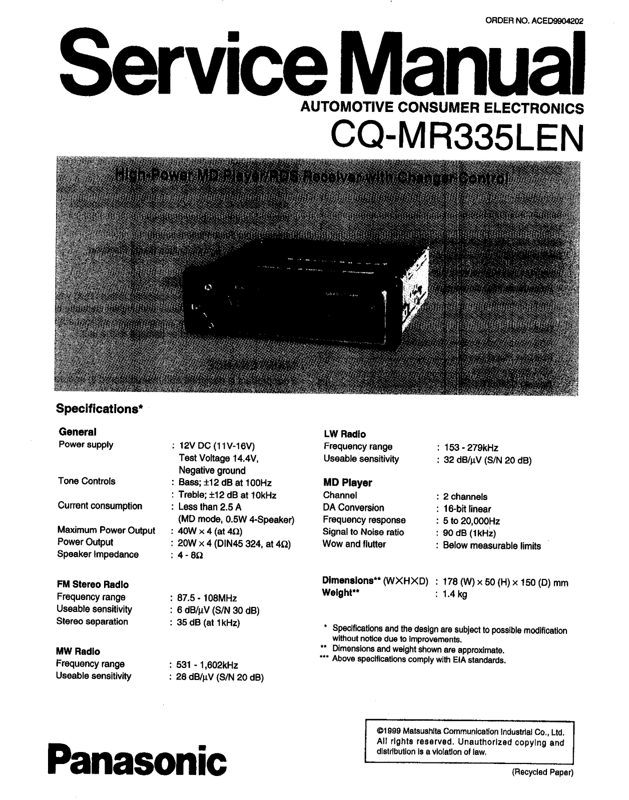 Panasonic CQMR-335 Service manual