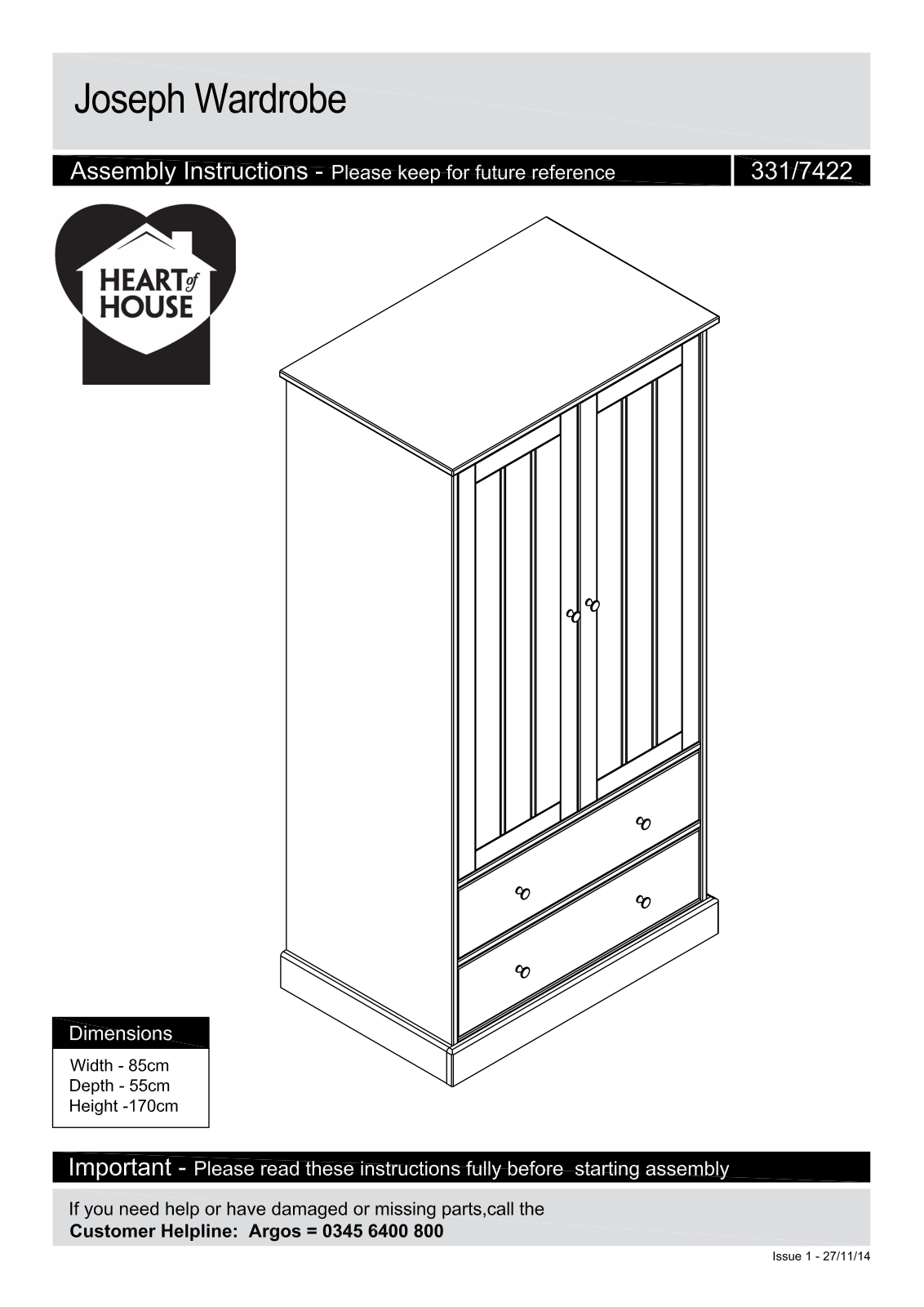 Argos Joseph wardrobe ASSEMBLY INSTRUCTIONS