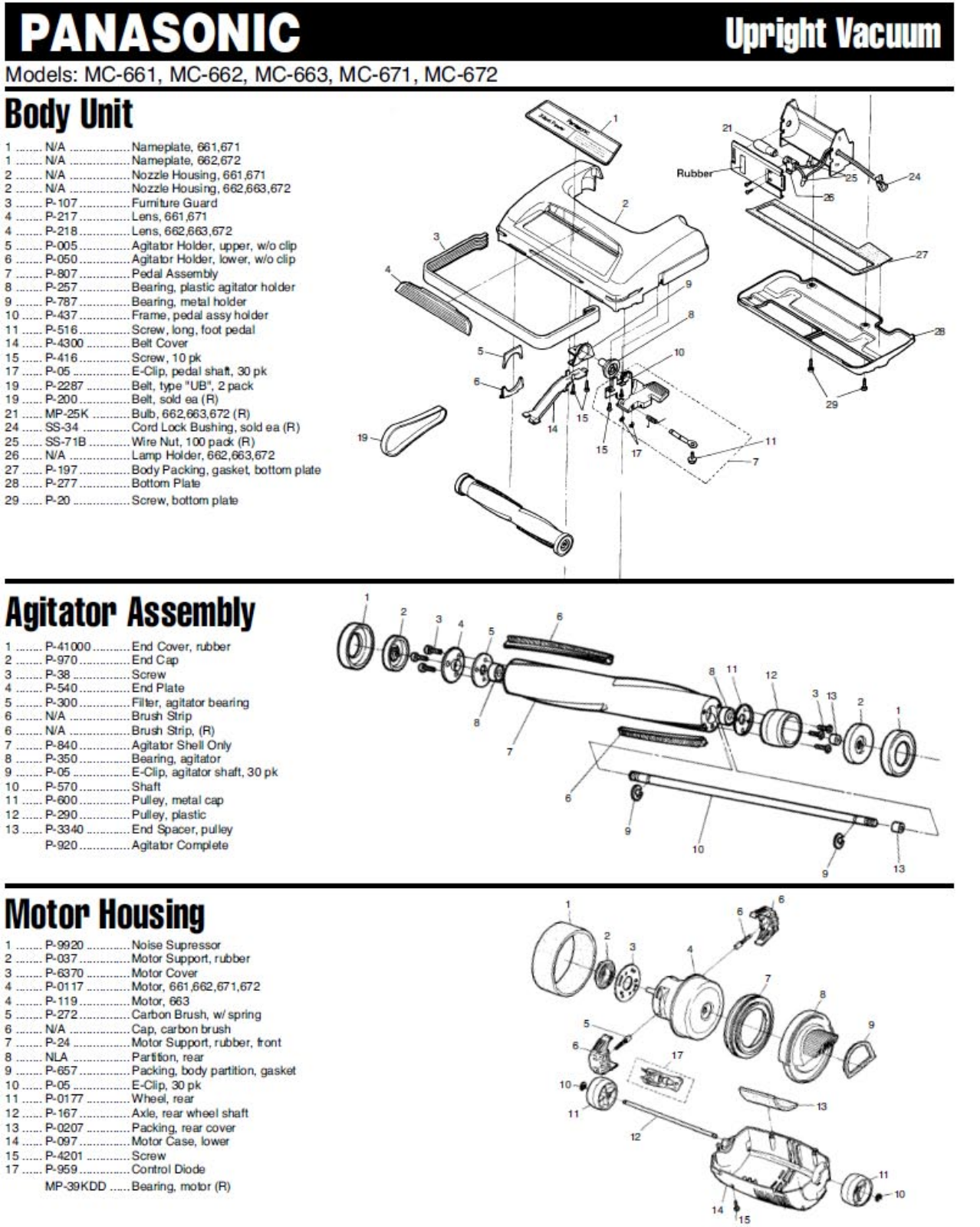 Panasonic 661, 662, 671, 663, 672 Parts List