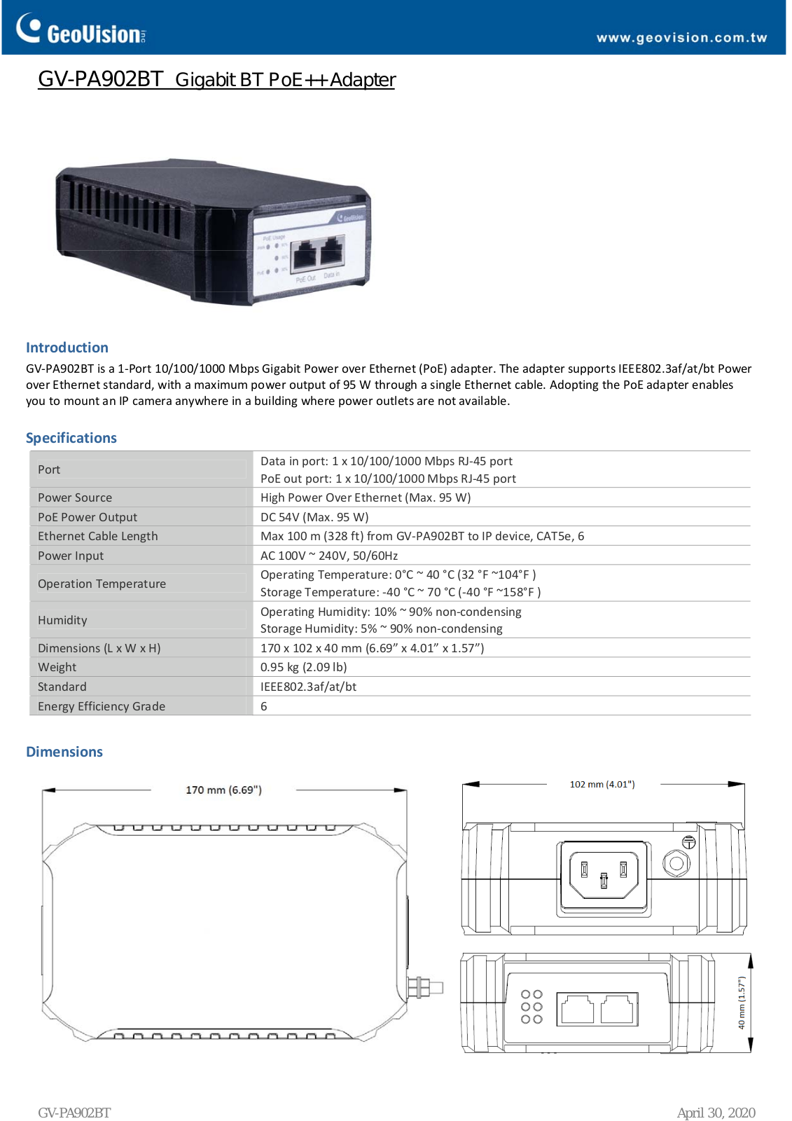 Geovision GV-PA902BT Specsheet