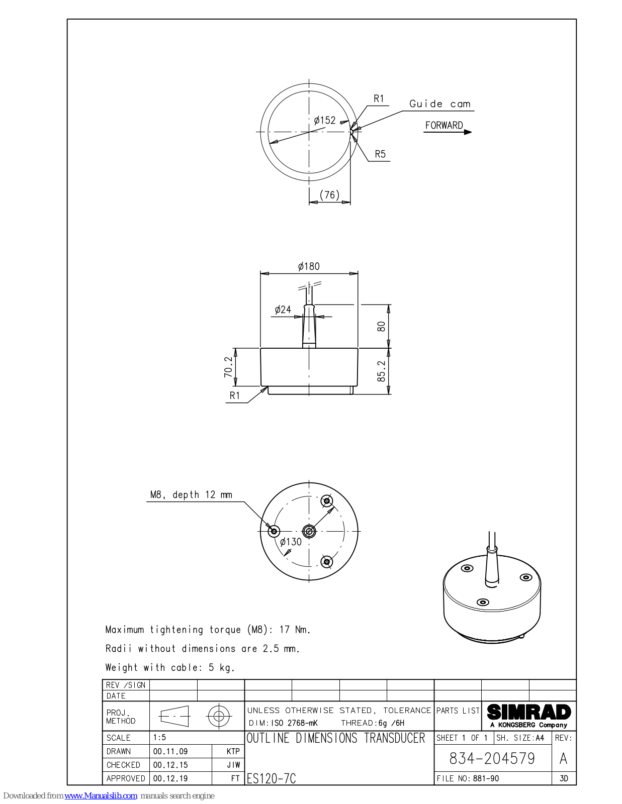 Simrad OUTLINE DIMENSIONS ES120-7C - SCHEMA REV A, ES120-7C Dimensions