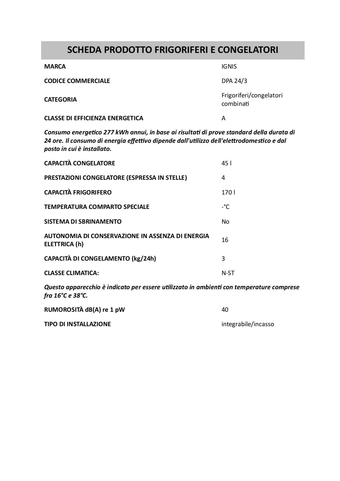 Whirlpool DPA 24/3 PRODUCT SHEET