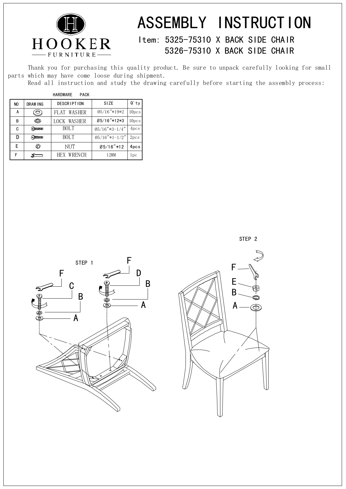 Hooker Furniture 532X75310SC, 532575310 Assembly Guide