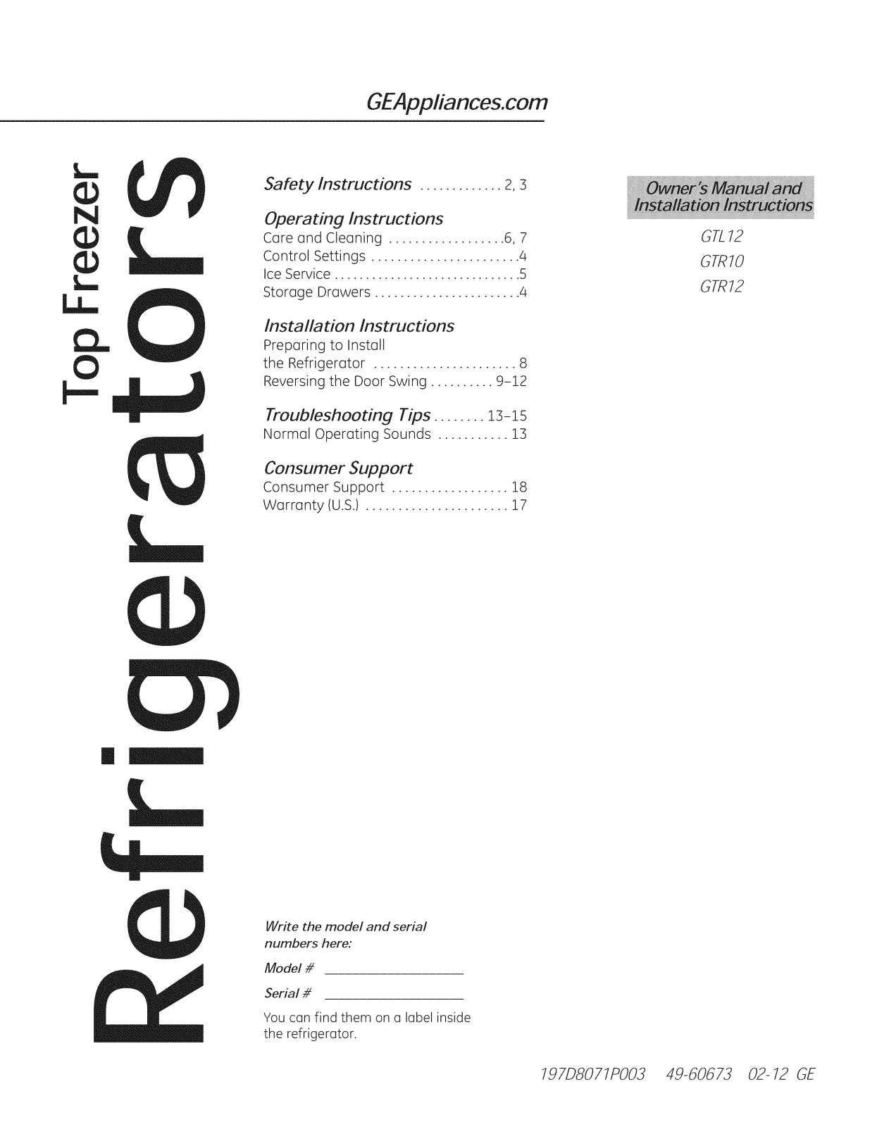 GE GTL12HBDBS Owner’s Manual