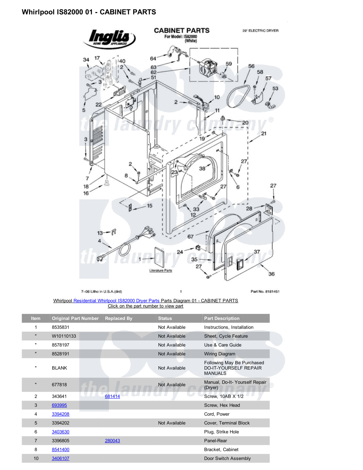 Whirlpool IS82000 Parts Diagram