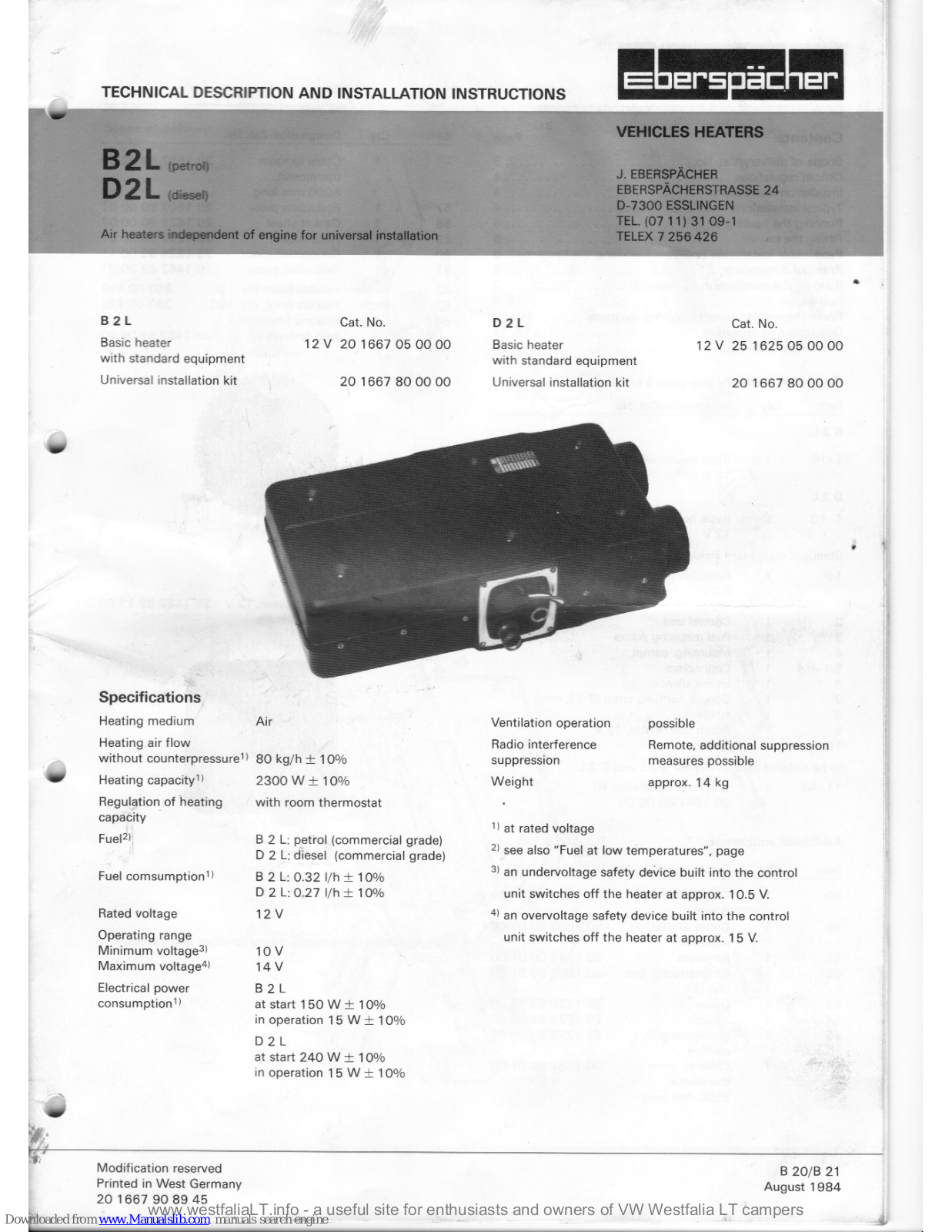 Eberspächer B2L, D2L, B1L, D1L Installation Instructions Manual